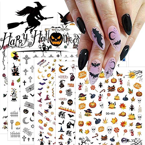Halloween Nail Art Stickers Decals, 9 Sheets Self-Adhesive 3D Nail Art Supplies Sticker Witch Skull Witch Pumpkin Maple Leaf Cat Fall Nail Art Design for Halloween Party Supply Acrylic Nail Art