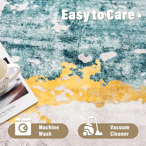 Carvapet 8 x 10 Rugs for Living Room, Teal Modern Abstract Low Pile Large Carpet with Rubber Backing, Foldable, Non Slip Machine Washable (10 x 8 Feet Rectangular, Teal/Grey Area Rug)