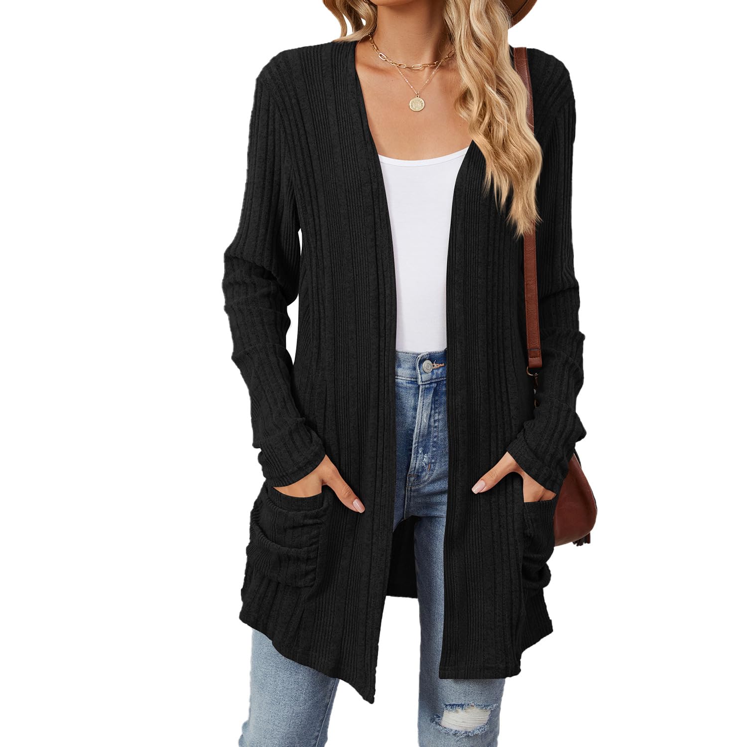 Womens Lightweight Cardigan Open Front Long Sleeve Casual Knit Sweaters Coat Long Cardigan With Pockets