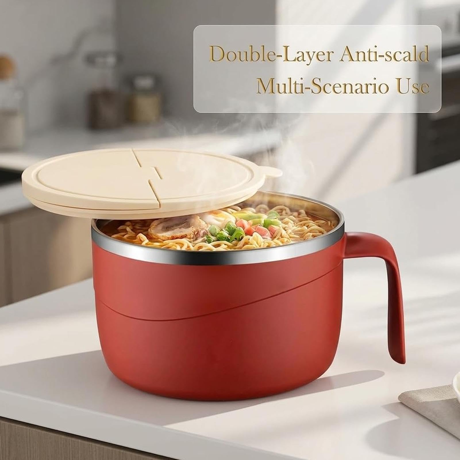 Instant Nudelschüssel - Doppelwandige Edelstahl-Kochschüssel mit Deckel und Griff für Nudeln, Nudeln, Suppe, Müsli, Haferflocken - Perfekt für Küche, Wohnheim oder Büro