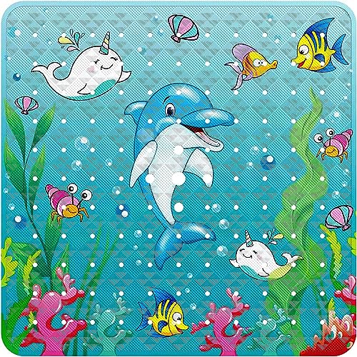 Tapis de Bain antidérapant, Tapis de Douche, avec ventouses, Crochets et orifices d'évacuation, Lavable en Machine, carré (Dauphin - 53 x 53 cm)