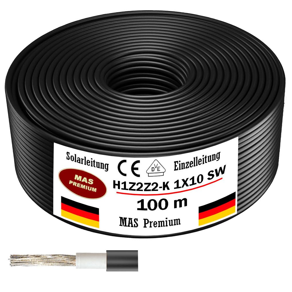 Cable solar H1Z2Z2-K 4, 6 o 10 mm², cable solar de 5 a 200 m, negro, rojo o azul, cable fotovoltaico, sin halógenos, doble aislamiento (H1Z2Z2-K 10, negro, 100 m)