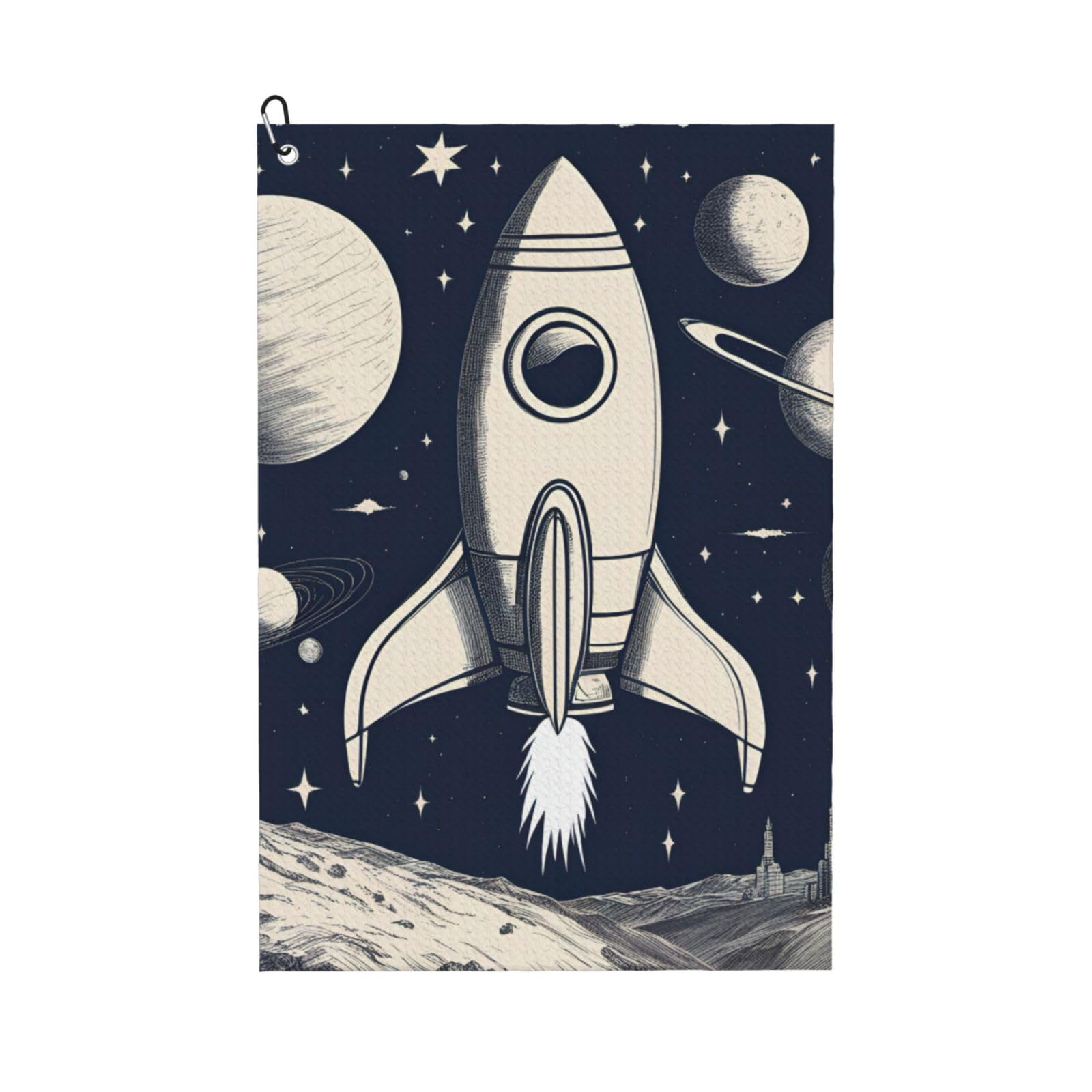 Anceky Rocket in Space Print Golf Towel 24"X16" Microfiber Golf Cleaning Towel with Carabiner Clip for Golf Bags