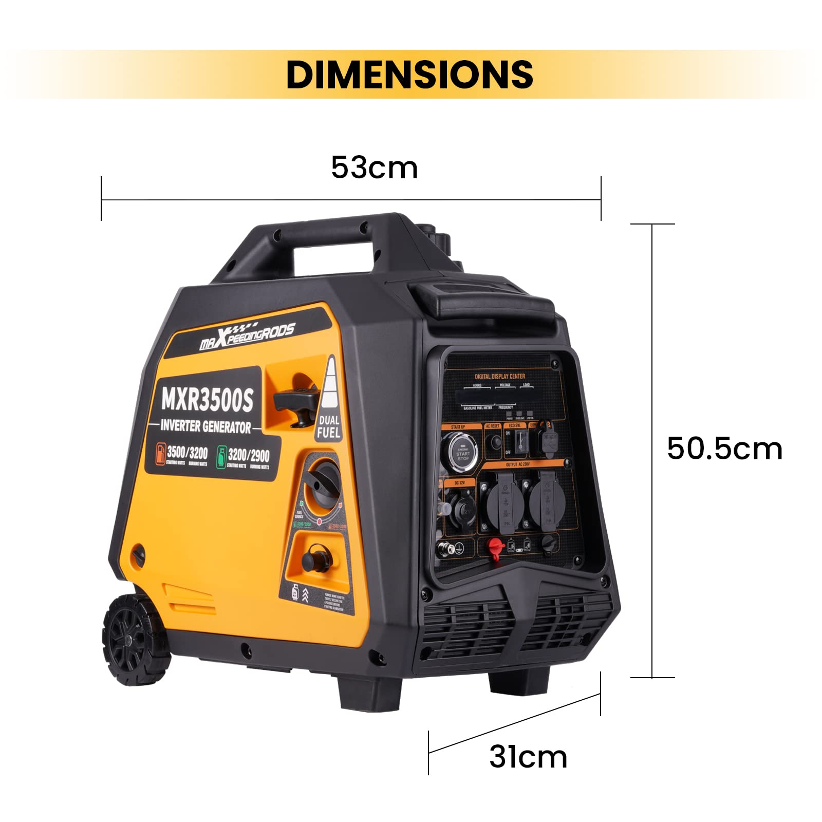 maXpeedingrods Generator falownika 3500 W, podwójny paliwo, 4-suwowy, z USB i gniazdami 230 V, generator prądu, cyfrowy, cichy, lekki, na kemping, podróż, garaż