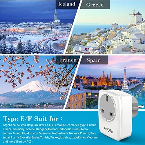 UK to EU Euro Europe Plug Adapter with 4 USB Ports, eeQiu Grounded European Travel Adapter for Turkey France Germany Spain Greece Portugal Netherlands Iceland and More (Type E/F)
