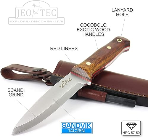 Miniatura 2 de JEO-TEC N18 Bushcraft Survival Hunting - Cuchillo táctico de hoja fija, 9 pulgadas en total, mango de madera de cocobolo, funda de cuero +