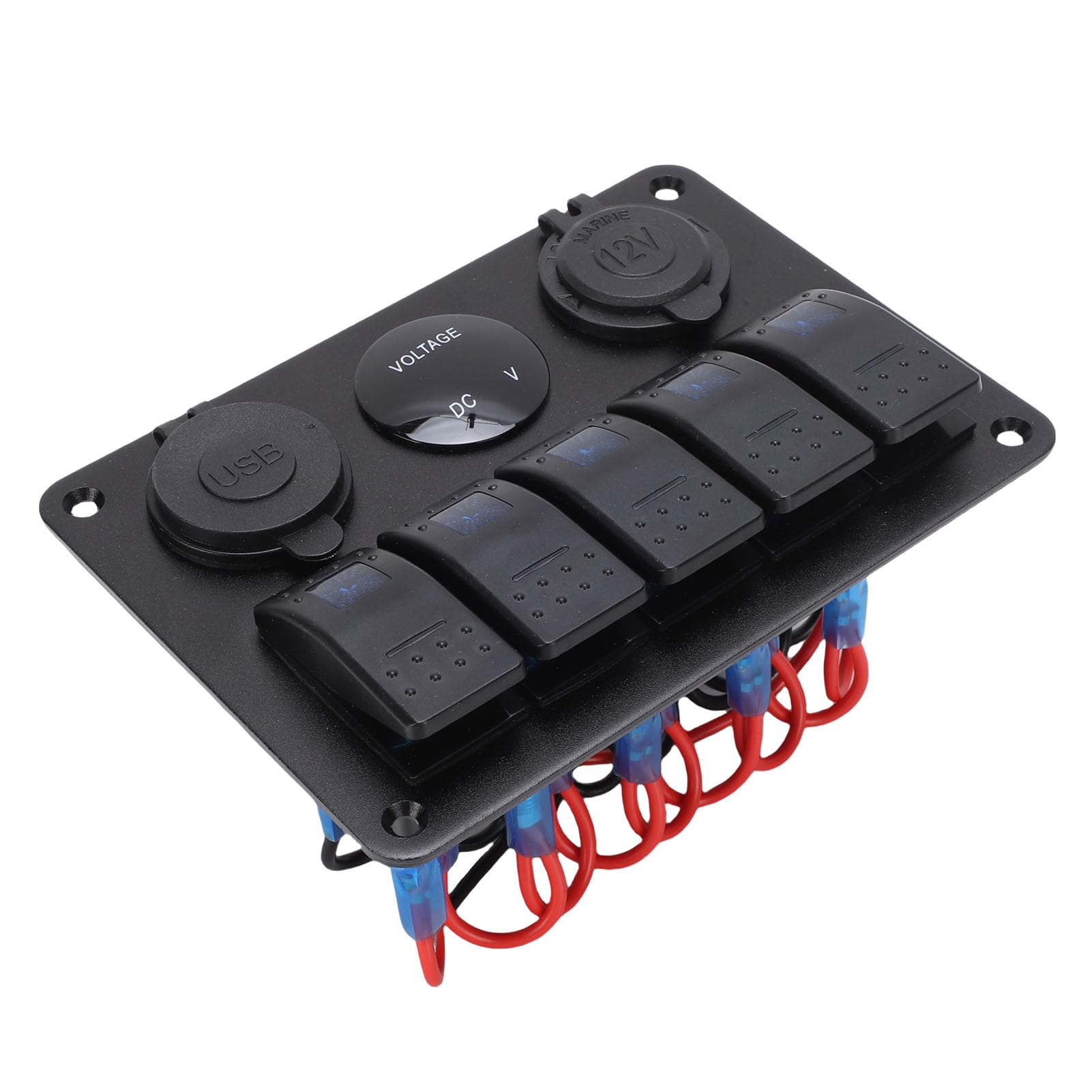 Panel Przełączników 5-krotnych, ładowarka z Podwójnym Portem USB, Woltomierz Cyfrowy, Gniazdko 12 V, Aluminiowy Panel Przełączników z Niebieskim Podświetleniem, Idealny do Samochodów