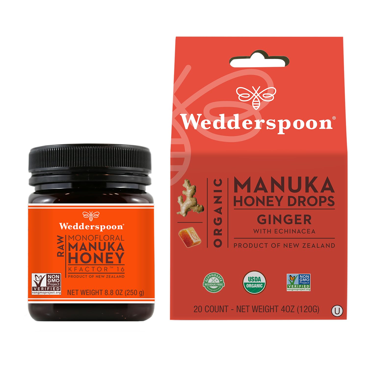 Raw Premium Manuka Honey KFactor 16 (8.8 Oz, Pack of 1) and Manuka Honey Drops Ginger & Echinacea (20 Count, Pack of 1) - Genuine New Zealand Honey, Perfect Remedy For Dry Throats