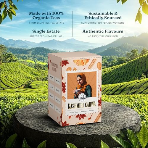 Image of Dorje Teas Kashmiri Kahwa Darjeeling Tea | 15 Pyramid Teabags (Pack of 1) | Selim Hill Estate | Cinnamon, Cardamom, Star Anise & Premium Saffron | Promotes Immunity & Relaxation | Organic Whole Leaf Blend | 15 Cups