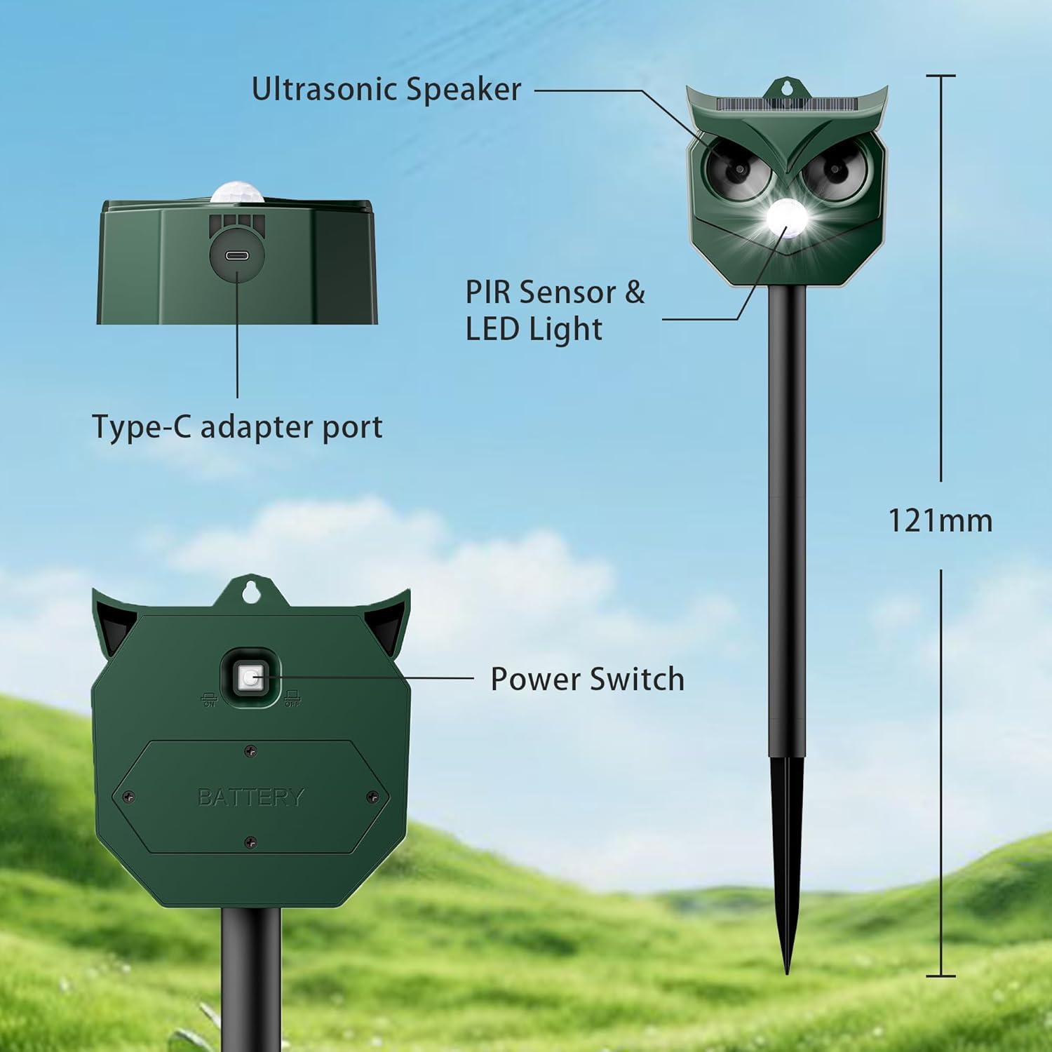 Lot de 2 répulsifs à ultrasons solaires pour animaux avec lumières LED clignotantes – dissuasif extérieur pour écureuils, cerfs, ratons laveurs, lapins, mouffettes, chiens – Protège le jardin, la cour