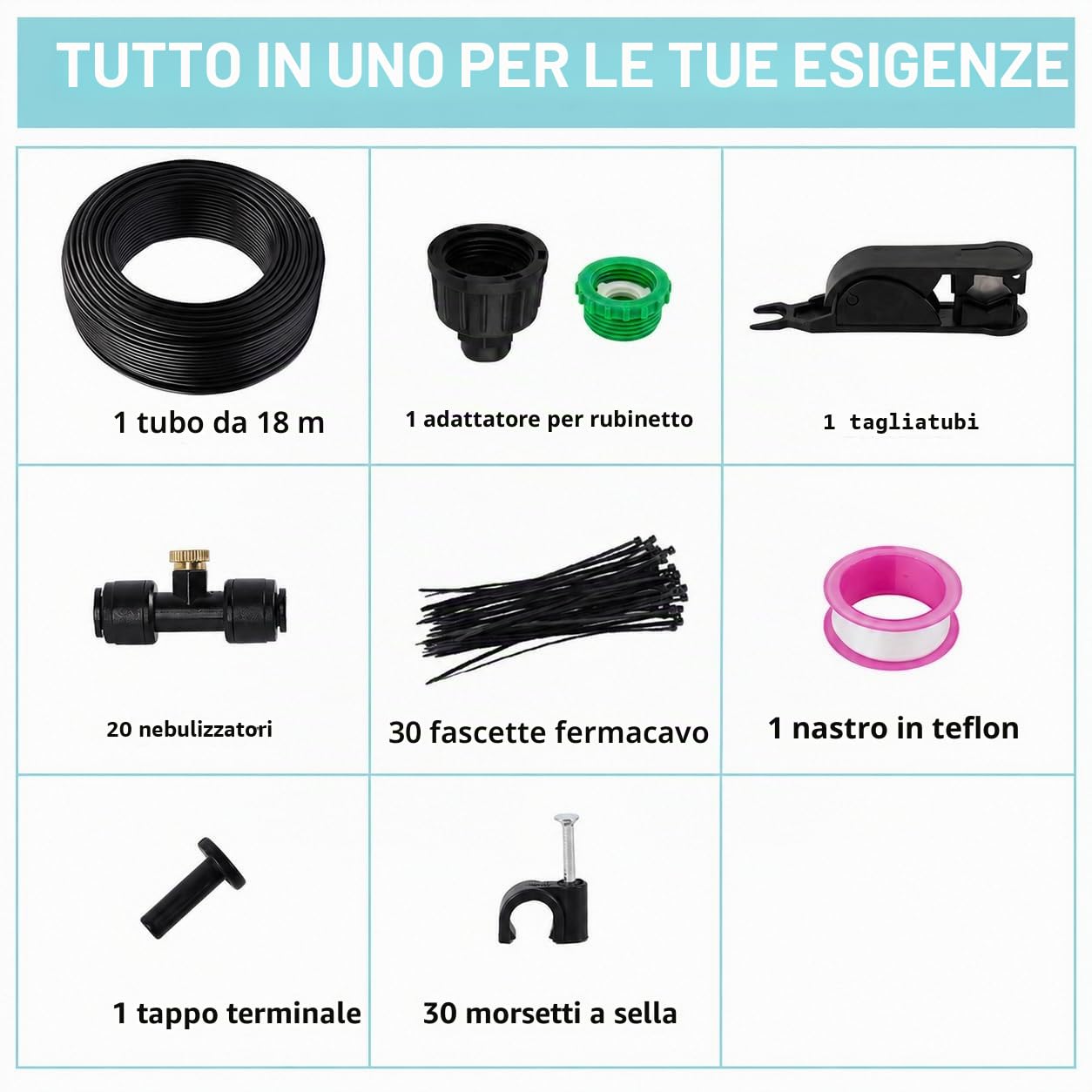 Tesmotor Set di raffreddamento a nebulizzazione da 18 m, sistema di miscelazione per esterni, con 20 ugelli in ottone e un filtro, per il raffreddamento della nebbia per ombrellone da giardino