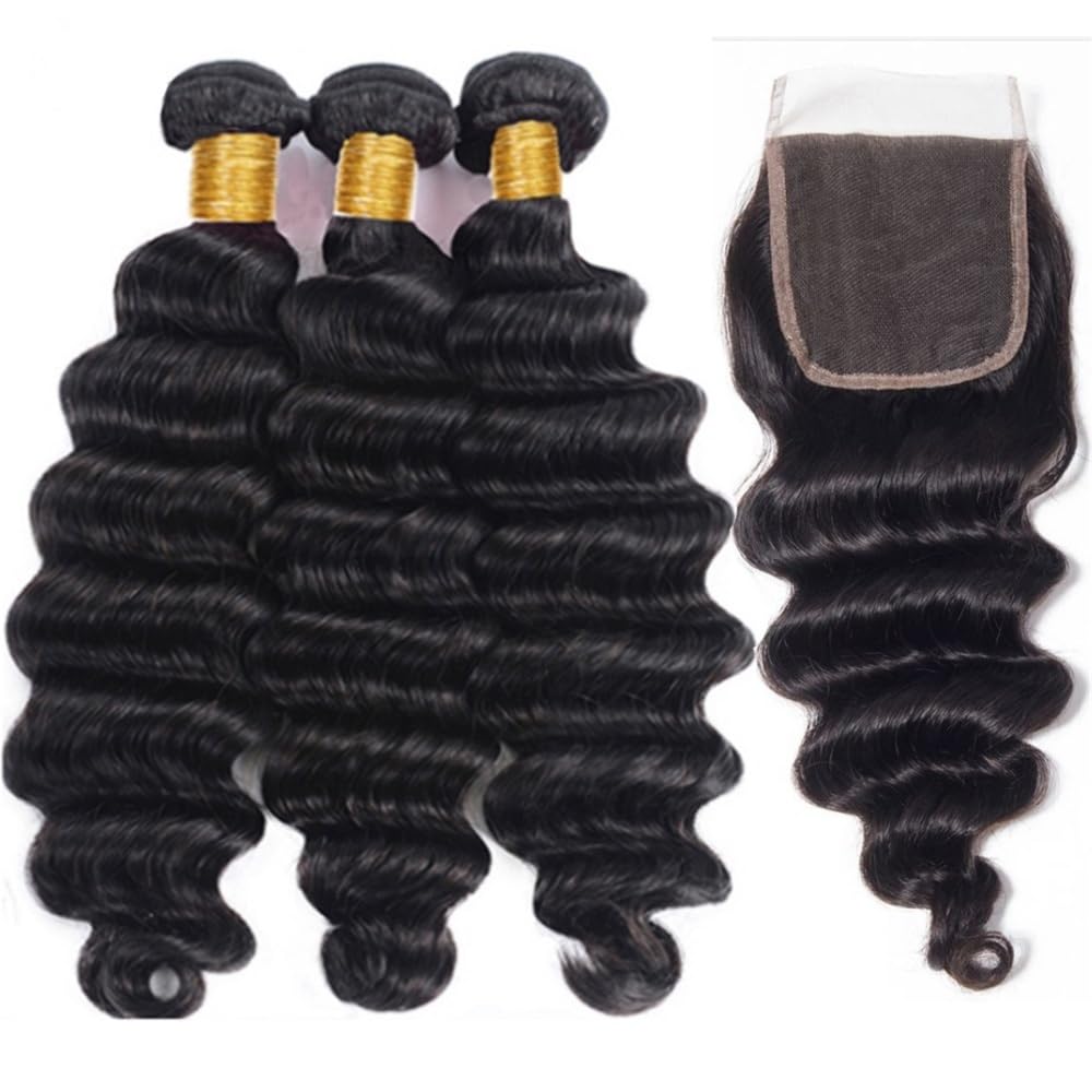Utilizzo quotidiano Fasci di capelli umani con chiusura Fasci di capelli sciolti con onde profonde Fasci di capelli brasiliani con parte libera con chiusura in pizzo svizzero 4×4 per le donne(22+24+26