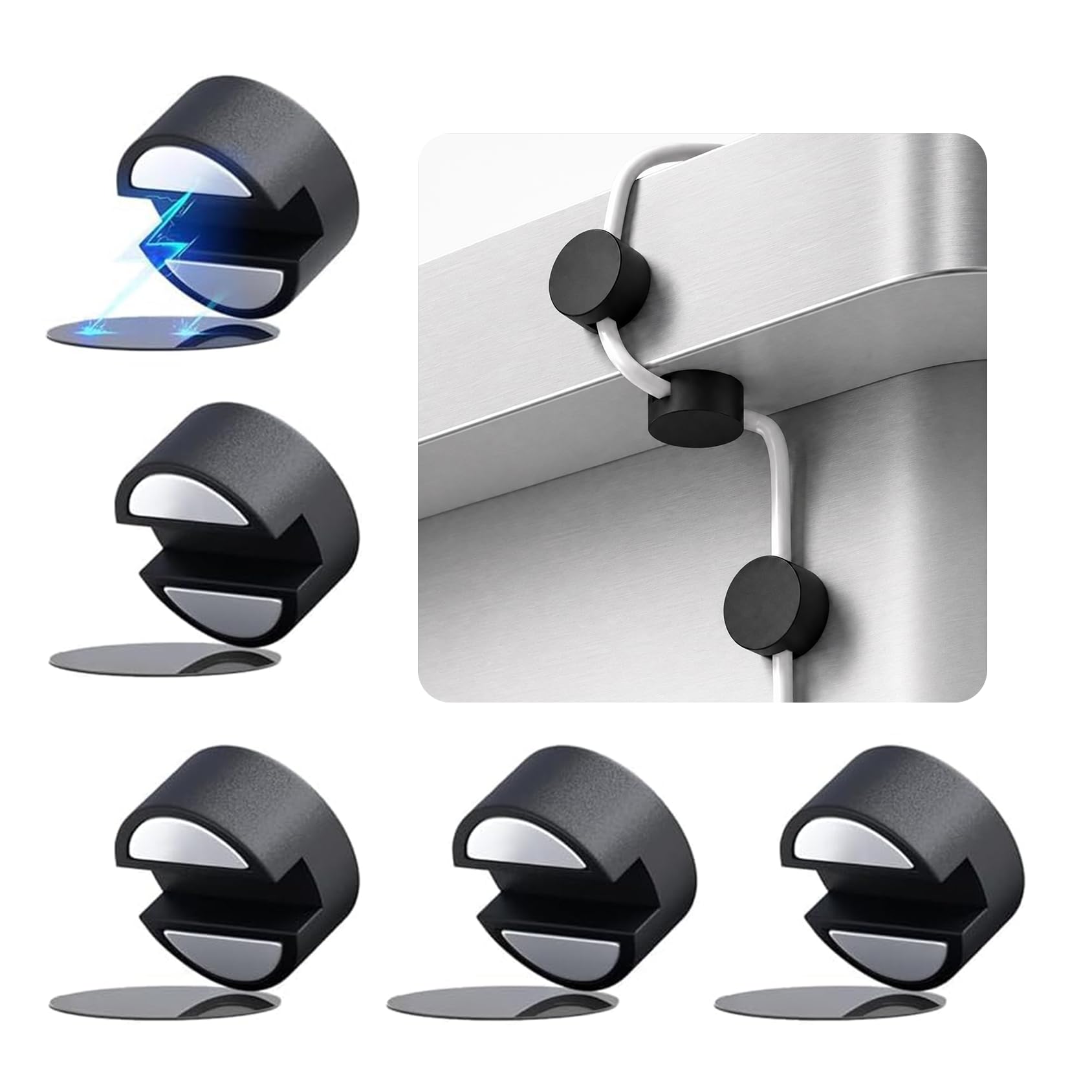 Maveek Magnetischer Kabelhalter, Kabel-Management, starke Kabel-Clips, Magnete, Metallplatte, selbstklebende Draht-Organizer für Nachttisch, Schreibtisch, Wand, Küche, USB-LAN, Schwarz, 5 Stück