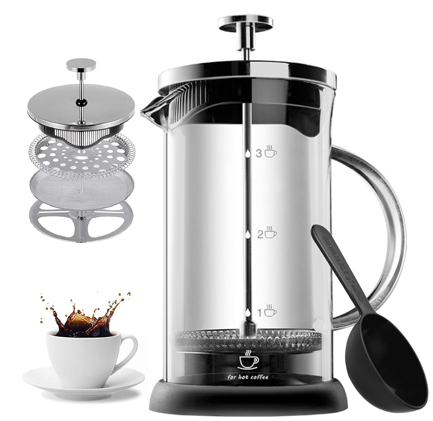 LightningWhip French Press(1Litre/34oz) with Measure Scoop 304 Stainless Steel Coffee Press Durable Easy Clean Heat Resistant Thickened Glass No Coffee Grounds, Rust-Free
