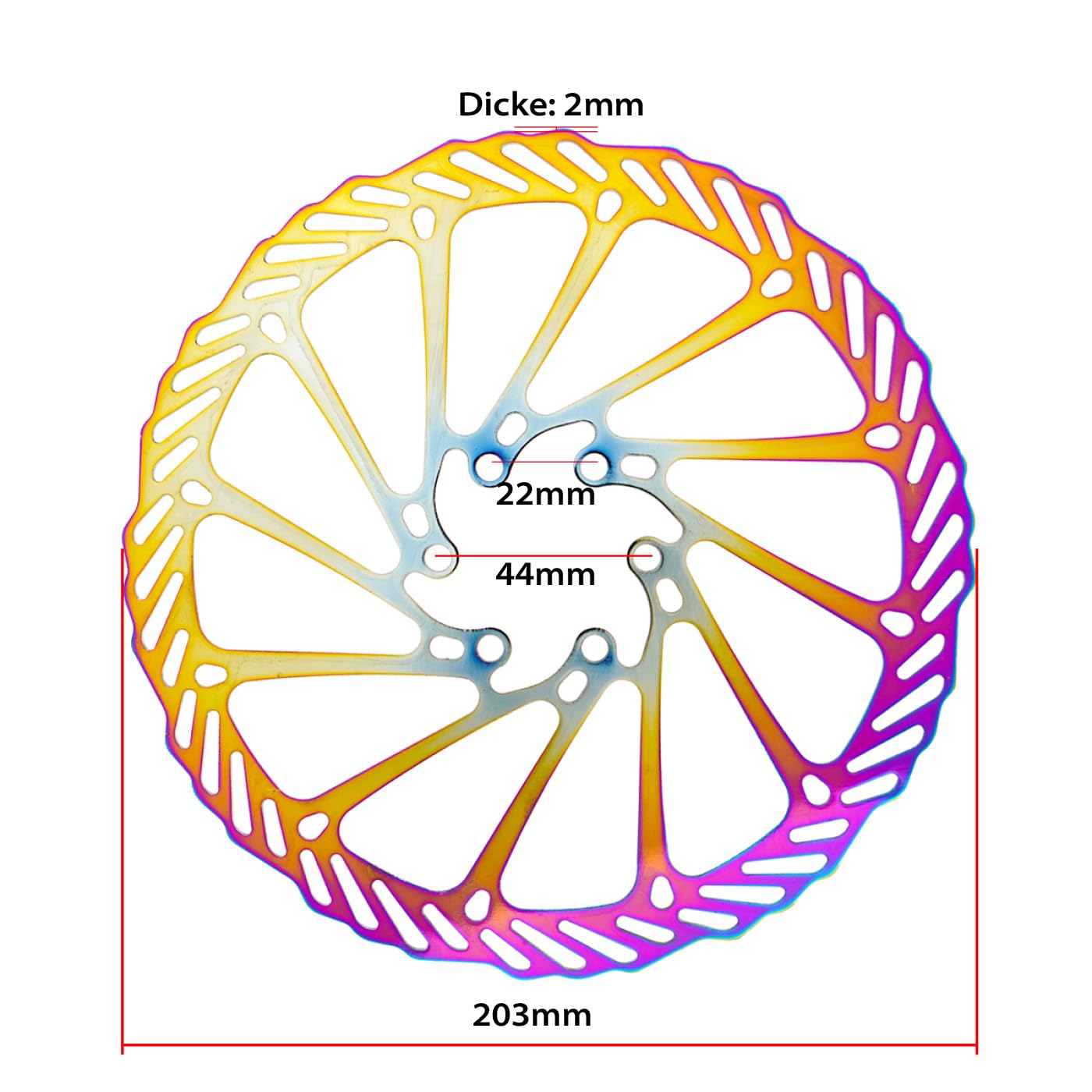 Disco freno per bicicletta, 160 mm, 180 mm, 203 mm, per mountain bike, mountain bike, Bmx, 2 dischi freno con 12 viti (blu/oro/arcobaleno).