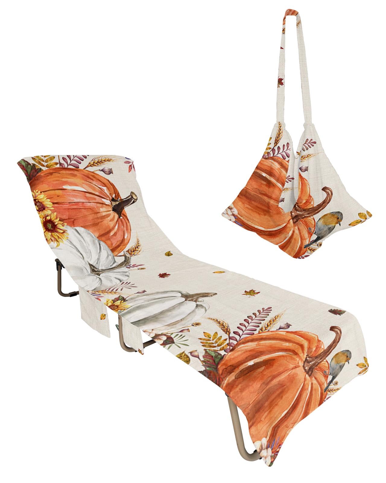 Vintage Pumpkins Beach Chair Towel Covers for Chaise Lounge with Side Pocket, Soft Plush Pool Towels Cover for Patio Sunbathing Outdoor 29''x85'' Season Fall Maple Leaves Orange White