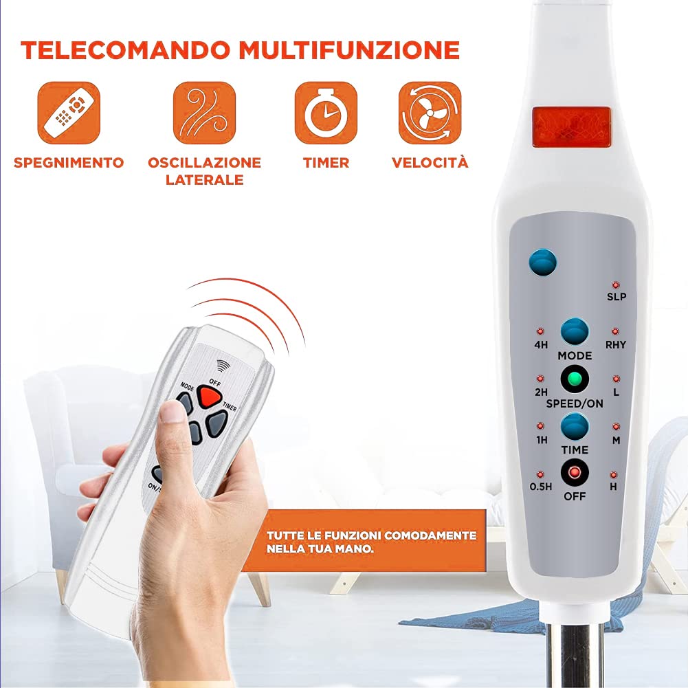 BAKAJI Ventilatore a Colonna Piantana Potenza 50W Diametro Pale 40cm 3 Velocità Selezionabili Funzione Timer Altezza regolabile Oscillazione Orizzontale e Telecomando x Controllo a Distanza (Bianco)