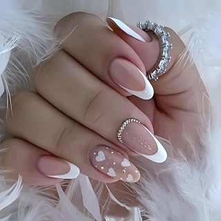 White French Tips Press on Nails Medium Almond Fake Nails with Heart Rhinestones Designs False Nails Glossy Gel Glue on Nails Stick on Nails for Romantic Women Girls DIY Manicure Decoration 24pcs