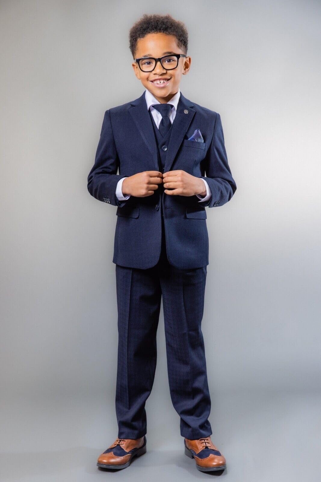 SIRRI Abito da Ragazzo Taglie Husky Auto Modellato Blu Navy su Misura per Matrimonio Formale Ragazzo Ballo di fine Anno Funerale Set da 5 Pezzi