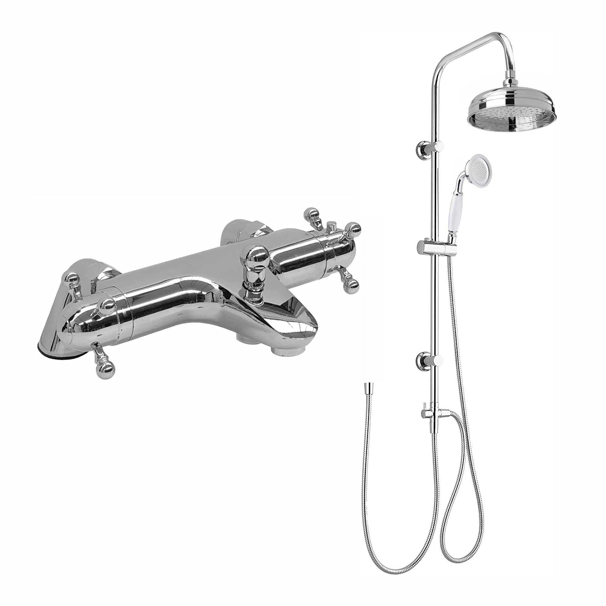 Enki Chrome Gallant, Bbt0230, Thermostatic Deck Mounted Bath Shower Mixer Valve Dual Rigid Riser Kit, Solid Brass, Overhead Shower & Hand Shower, Anti-Scald Device, Traditional, 1-Year Guarantee