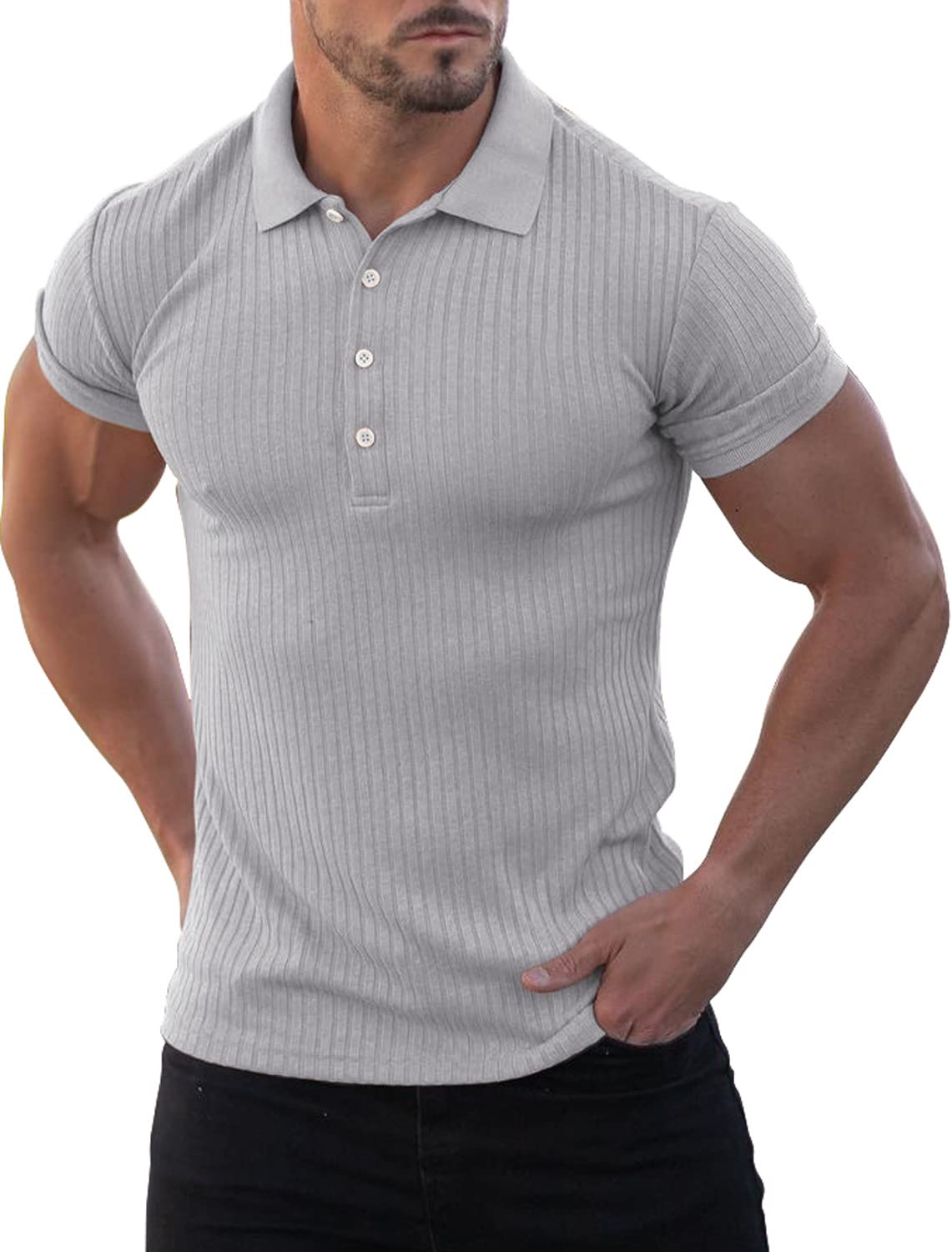 REVHQ Men Sport Polo Shirt Slim Fit Polo Shirts Short Sleeve Solid Color Tops Breathable Casual Shirt Lapels Summer Shirt Stretch Golf Men Basic Shirt