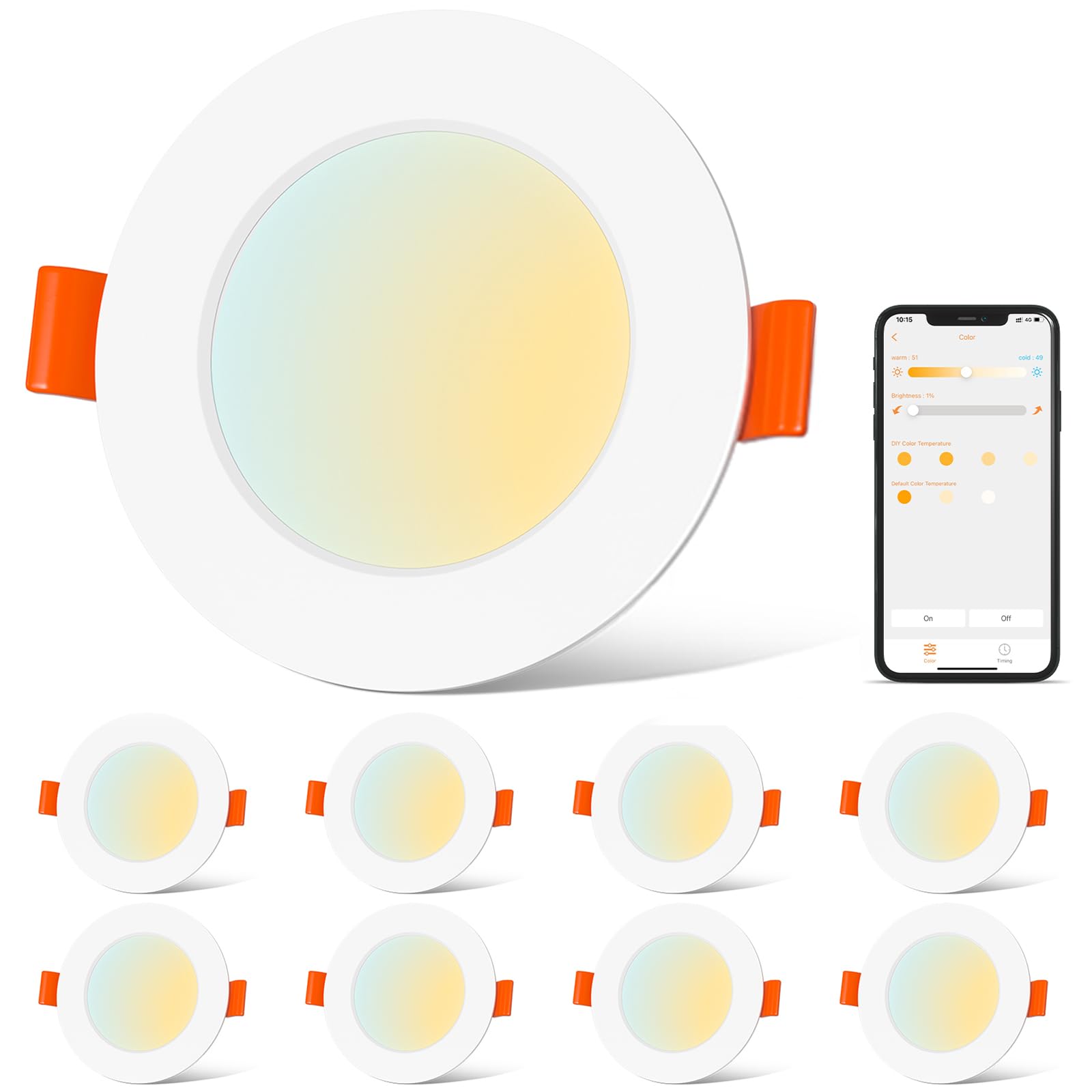 ChangM LED Einbaustrahler 230V Alexa Smart LED Spot Dimmbar mit APP Bluetooth Deckenspots Flach 8W IP44 3Zoll, Deckenleuchte Warmweiß to Kaltweiß 2700K-6000K Einbauleuchten 8er Set