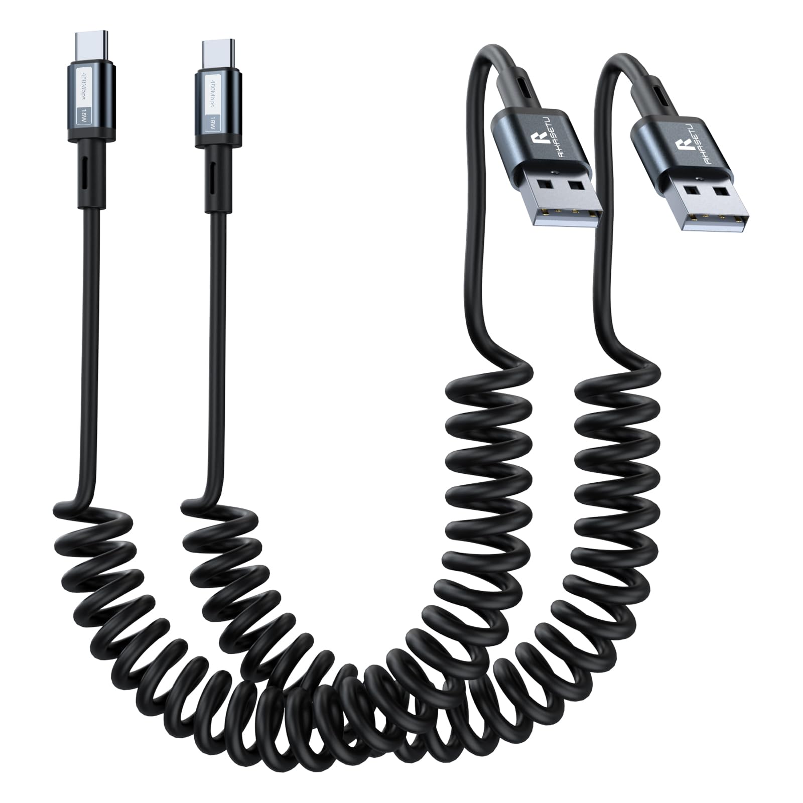 Coiled USB C Cable, USB A to USB C Coiled Cable for Android Auto/Carplay, USB Type C Fast Charging Recommended Length [1.5FT-4FT 2Pack] for iPhone 17/16/15 Series, for Samsung S25 S24 S23