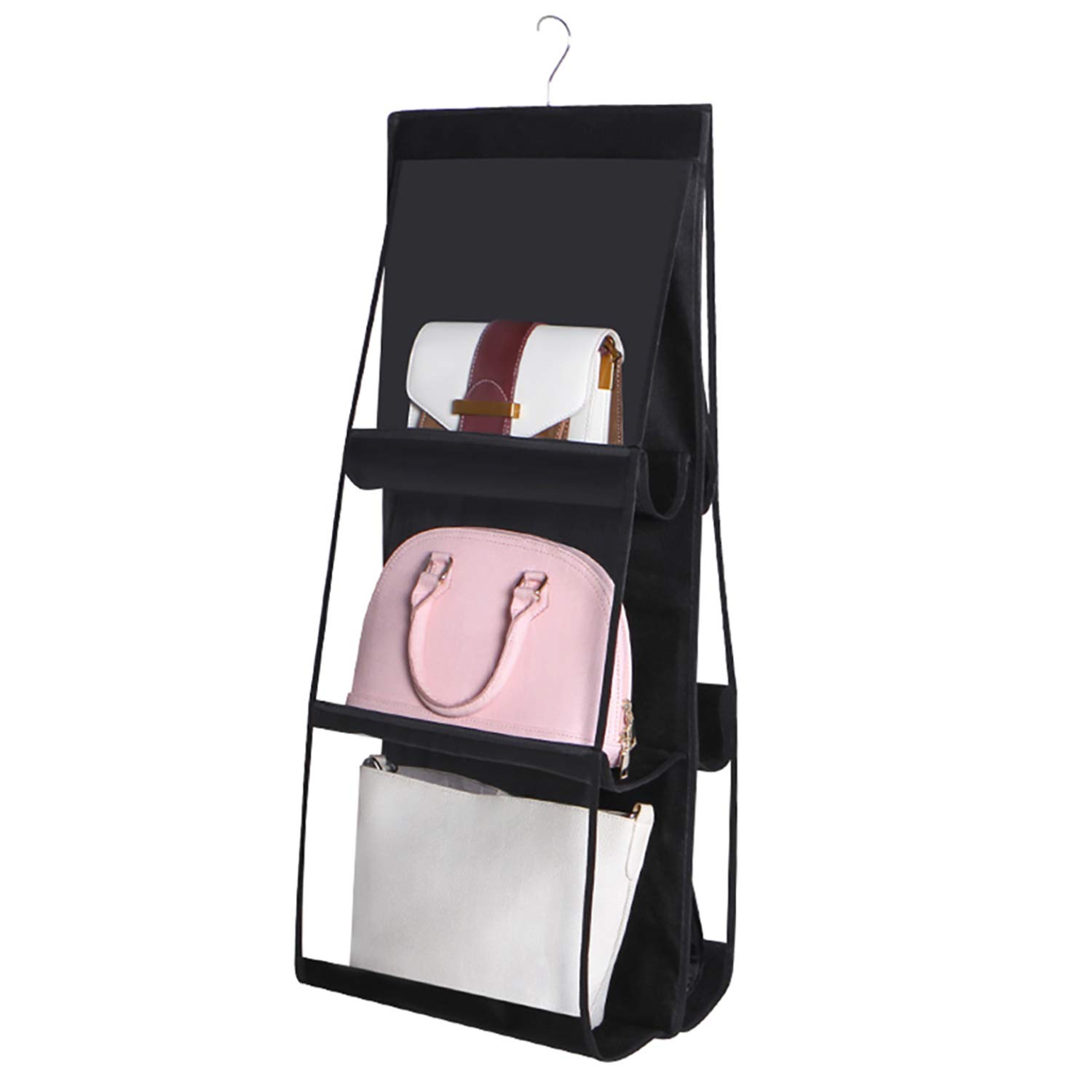 FOOF 3 Shelf Hanging Handbag Organizer Dust Proof Holder Storage Bag Rack Hanger for Closet with 6 Larger Pockets Black