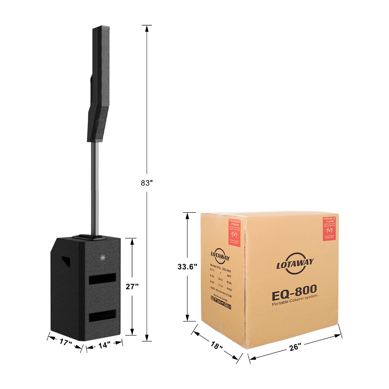 LOTAWAY EQ-800 Active Powered Column Line Array Speaker System 3300W Outdoor Indoor Portable PA Set with 4 Channel Mixer DJ Speakers Bluetooth Wireless with 12 inch Subwoofer for Party,Gigs,Club
