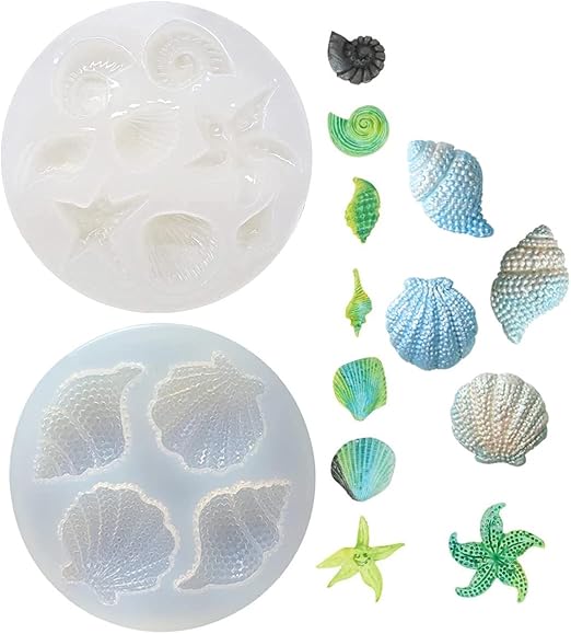 2Pcs Marine Theme Cake Fondant Silicone Mold Seashell Conch Starfish Coral Baking Molds for DIY Cake Decoration Chocolate Candy Polymer Clay Crafting Projects