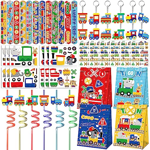 Image of Erweicet Train Party Favors 72PCS Slap Bracelets DIY Stickers Temporary Tattoos Keychains Plastic Straws Gift Bags for Kids Car Theme Birthday Party Baby Shower