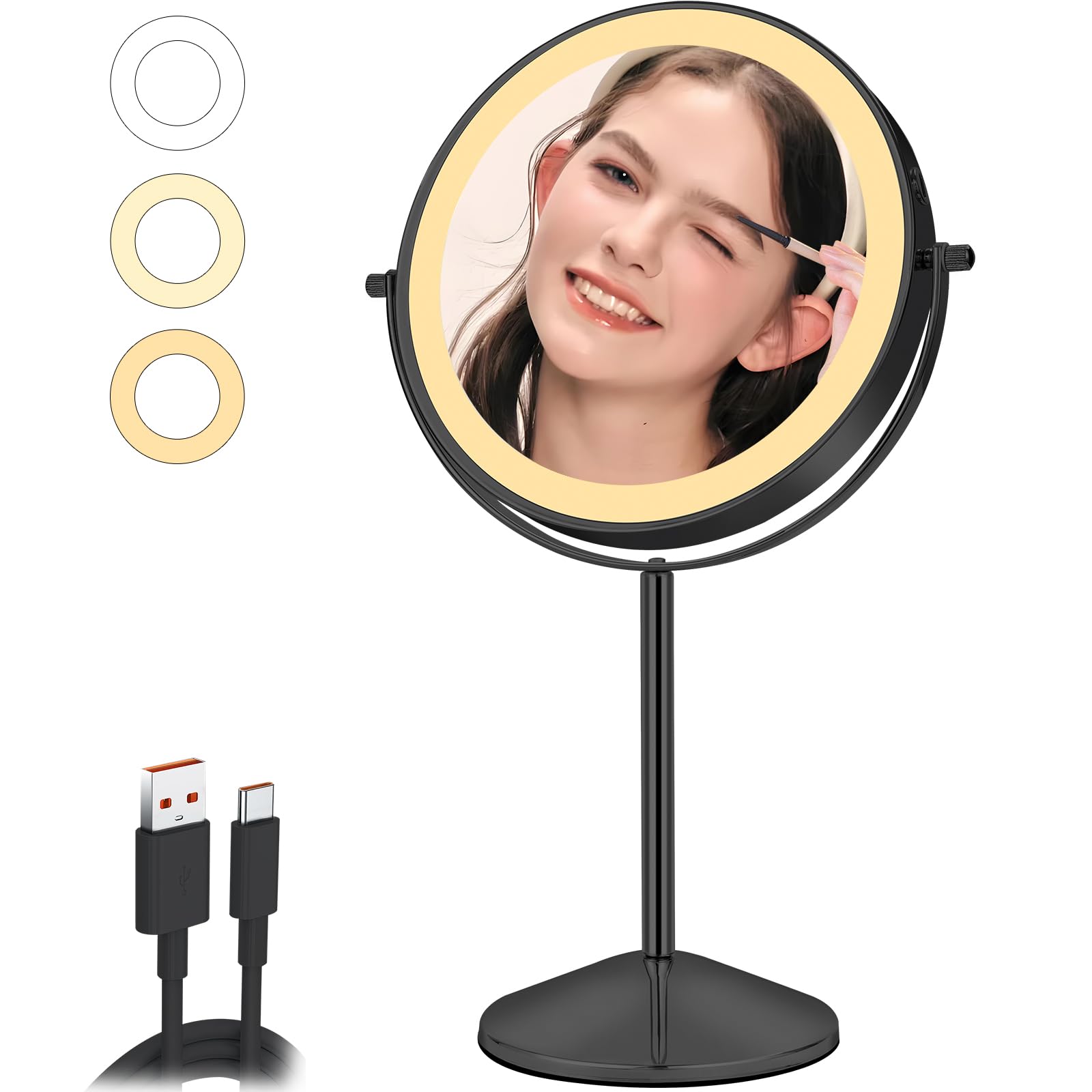 Specchio da trucco da 20,3 cm, con luci LED, ingrandimento 1X/10x, ricaricabile, controllo touch dimmerabile a 3 colori, rotazione a 360 gradi, per la cura della pelle e la toeletta, nero