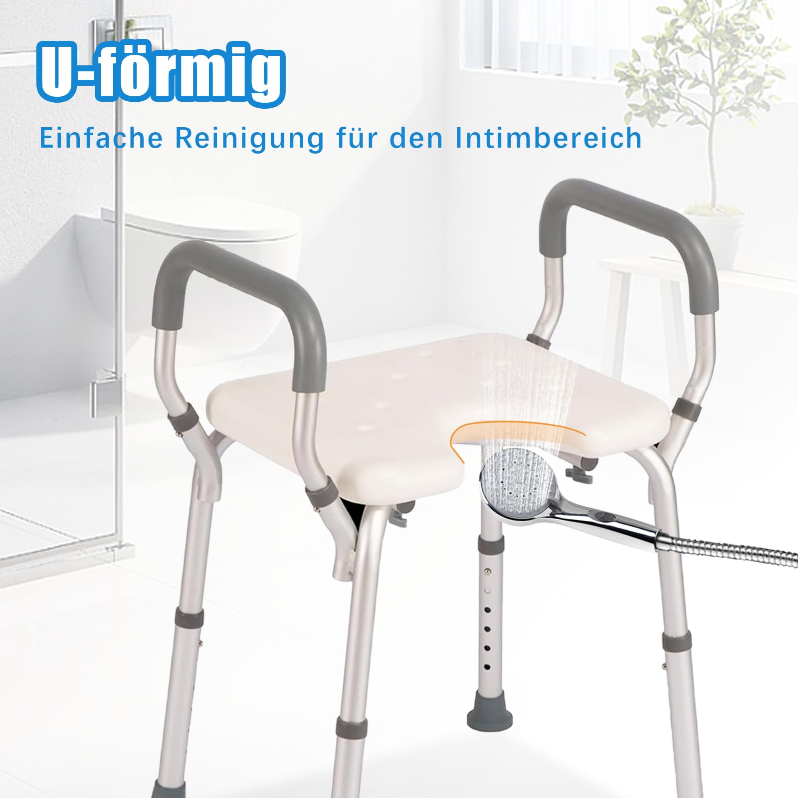 Höhenverstellbarer Duschhocker mit U-Sitz & Duschkopf-Halterung - 6-Stufen Badewannenhocker (38-67cm) aus Aluminium, rutschfest für Senioren und barrierefreies Baden