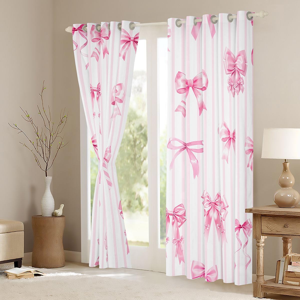 Homemissing Cortinas opacas de satén con lazo rosa para dormitorio, sala de estar, cortinas opacas con lazo de satén de princesa, cortinas de oscurecimiento kawaii coqueta, 2 paneles de 66 pulgadas de