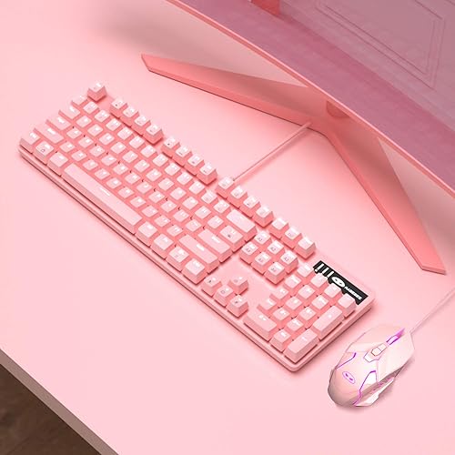 Miniatura 8 de Combo de teclado mecánico rosa para juegos y mouse con interruptor azul, 104 teclas, teclados retroiluminados blancos, mouse de 7 botones con cable