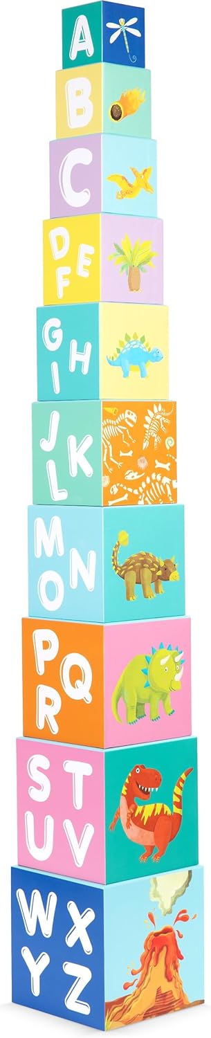 boppi Baby Stacking Blocks Dinosaur Toys with Letters and Numbers, Montessori Cubes for Toddlers, Preschool Learning Toys