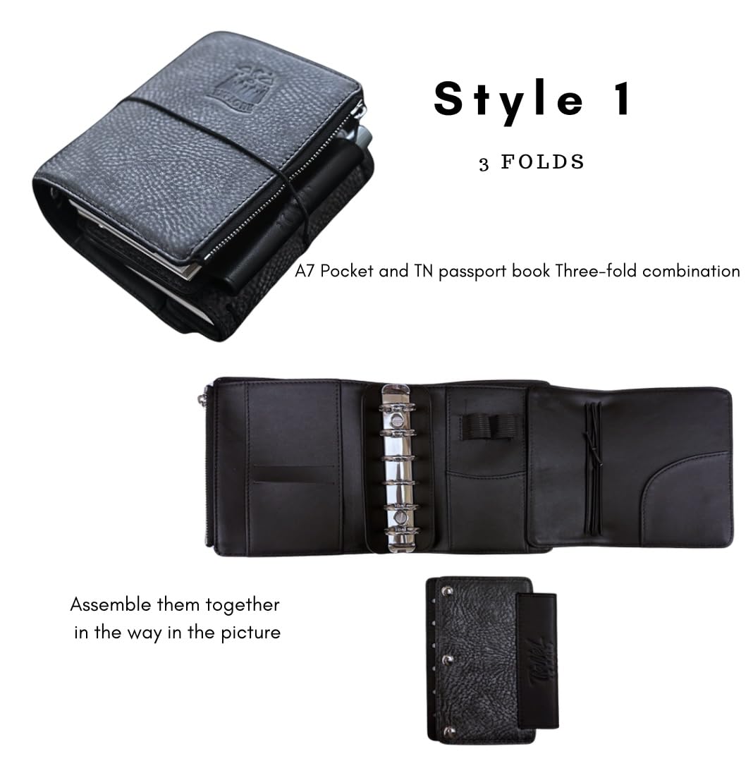 Agenda tascabile A7 in vera pelle italiana dell'Alaska, ricaricabile, agenda ad anelli Stalogy, stile 3 volte con raccoglitore ad anelli da 25 mm, compatibile con passaporto TN (cera nera)