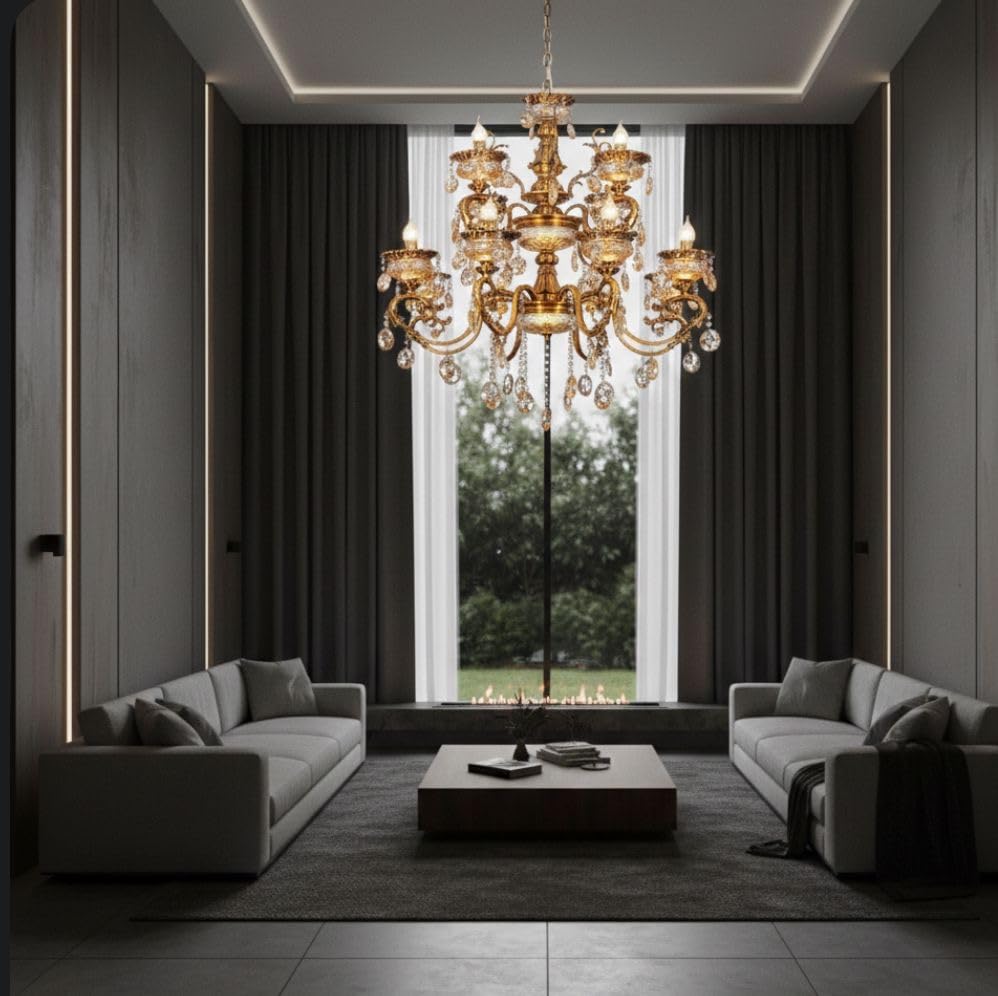 Image of Sanleen 12-Light Glass Chandelier (24 Inch, Design 6) - Antique Modern Contemporary Ceiling Hanging Light | Luxury Candle Style Jhumar for Living Room, Dining Room,Bedroom & Home Decor Lighting