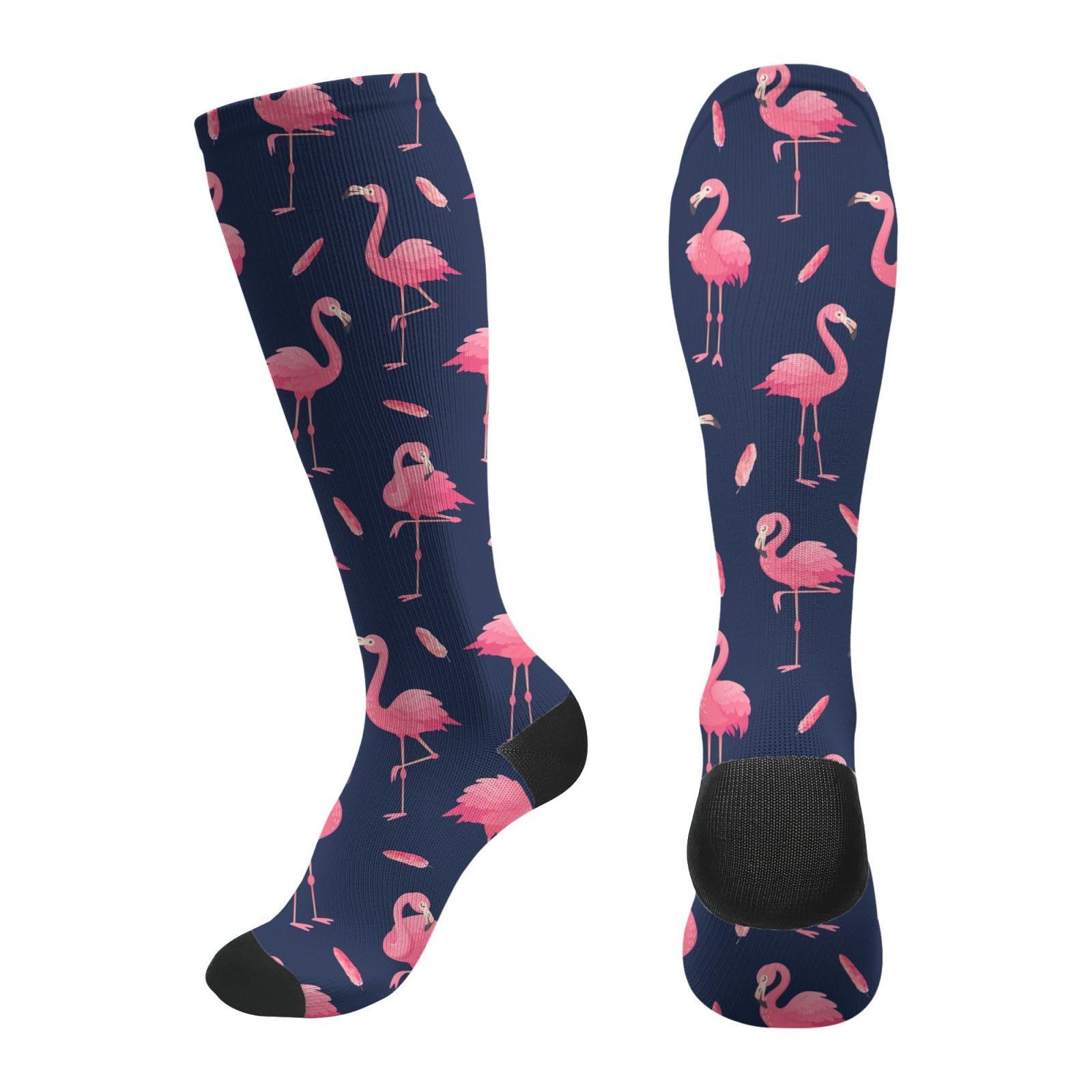Women's Compression Socks, Knee High Support Socks for Running, Travel (Flamingo Design)