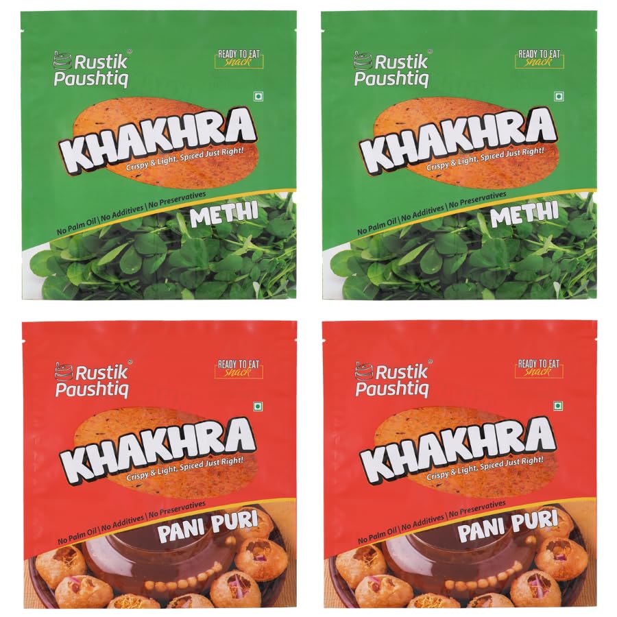 Image of RUSTIK PAUSHTIK Baked Khakhra Combo Pack - 200g Each | 2 Methi & 2 Panipuri Flavour | Roasted Gujarati Snack | High Fiber Diet | No Palm Oil | Ready to Eat Tea Time Snack | 800g