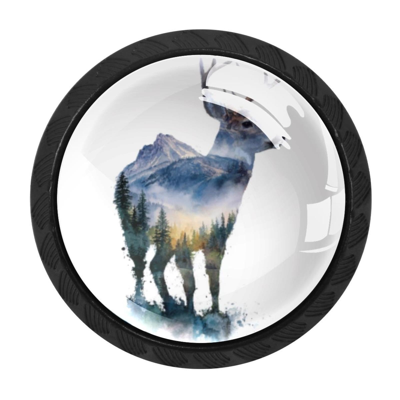 CHENZZZZ 4 Pcs Watercolor Mountain Deer (4) Cabinet Knobs Single Hole White Dresser Drawer Knobs Round Decorative Hardware Pulls Handles for Bathroom Kitchen Furniture