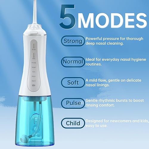 Miniatura 3 de Sistema de riego nasal para enjuague nasal, olla Neti inalámbrica recargable de 11.8 fl oz con 5 modos y 3 puntas, kit de enjuague sinusal