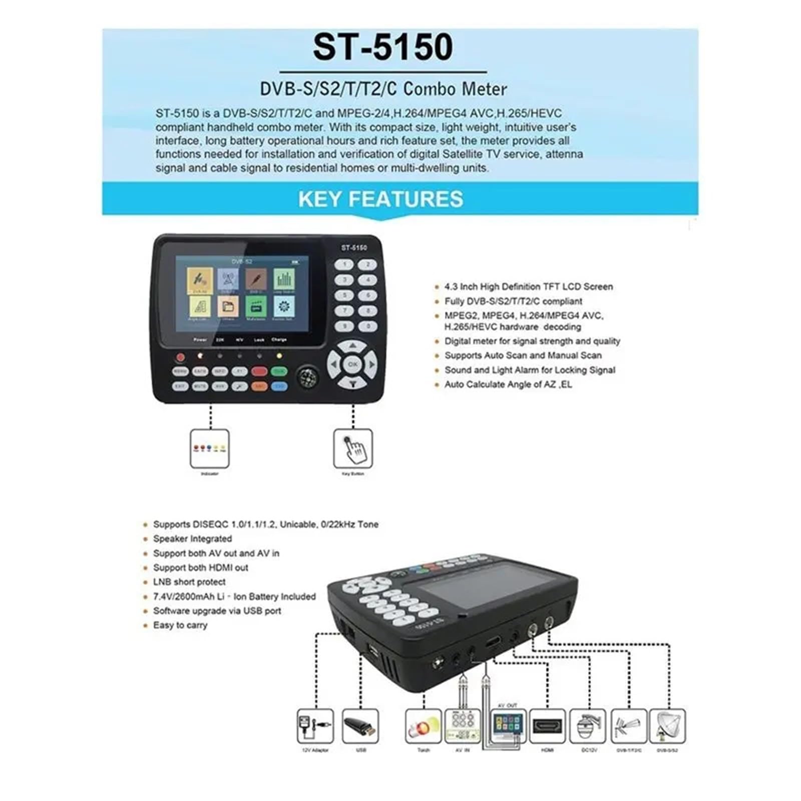 Buscador de señal satelital, XB-para ST5150 DVB-S2/T2/C Combo Finder Medidor De Señal Satelital H.265 MPEG-4 16APSK Satfinder Receptor TV