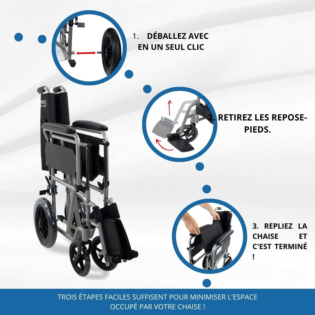 Mobiclinic®, Fauteuil roulant pliable, Marsella, Roulettes à dégagement rapide avec bouton, Robuste, Siège 46cm, Repose-pieds pliants, Accoudoirs pliables, Poignée de frein, Roues 12", Argent