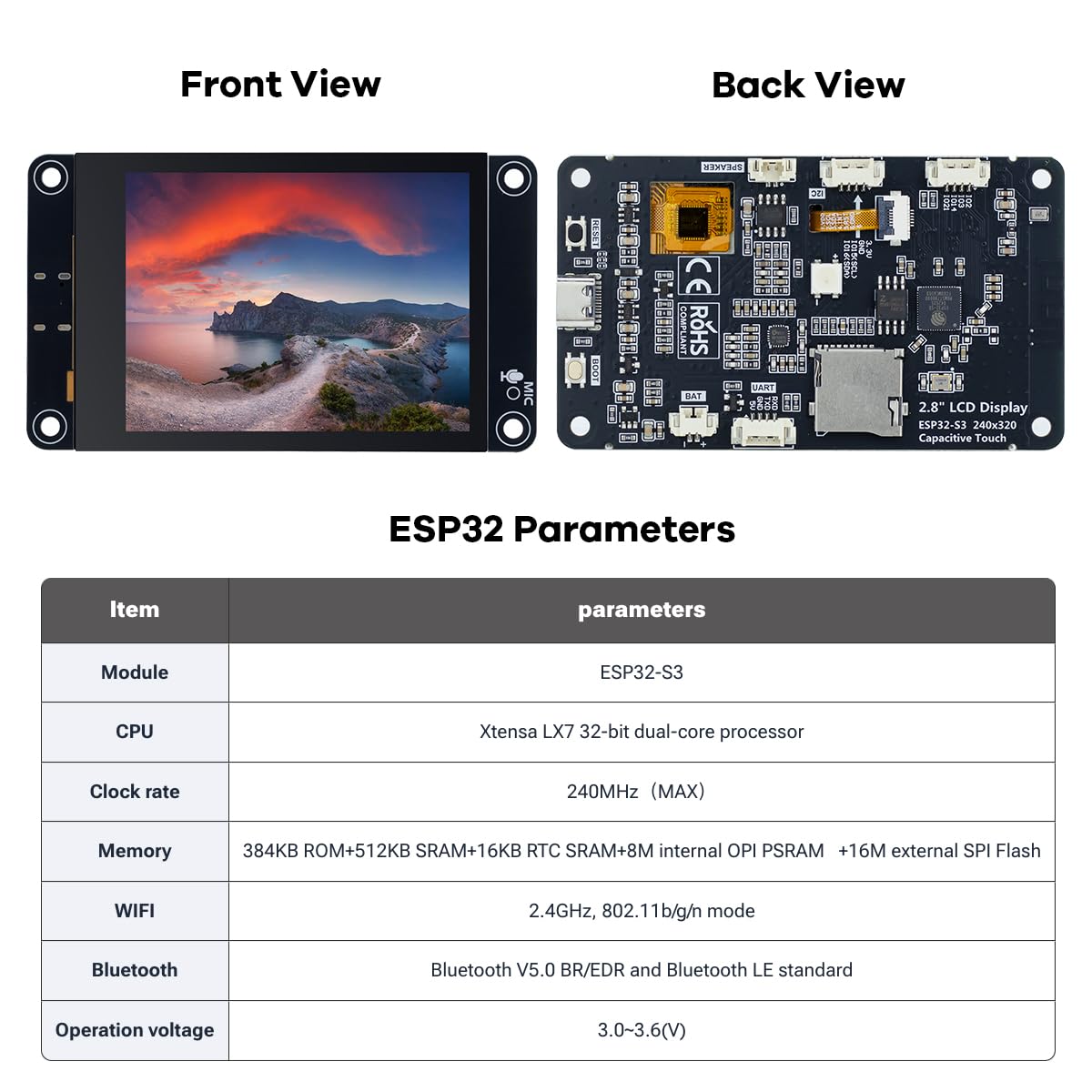 Hosyond Módulo de pantalla táctil ESP32-S3, pantalla IPS LCD EPS32 de 2.8 pulgadas 240x320 IPS con pantalla táctil capacitiva WiFi Bluetooth para proyectos Arduino IoT