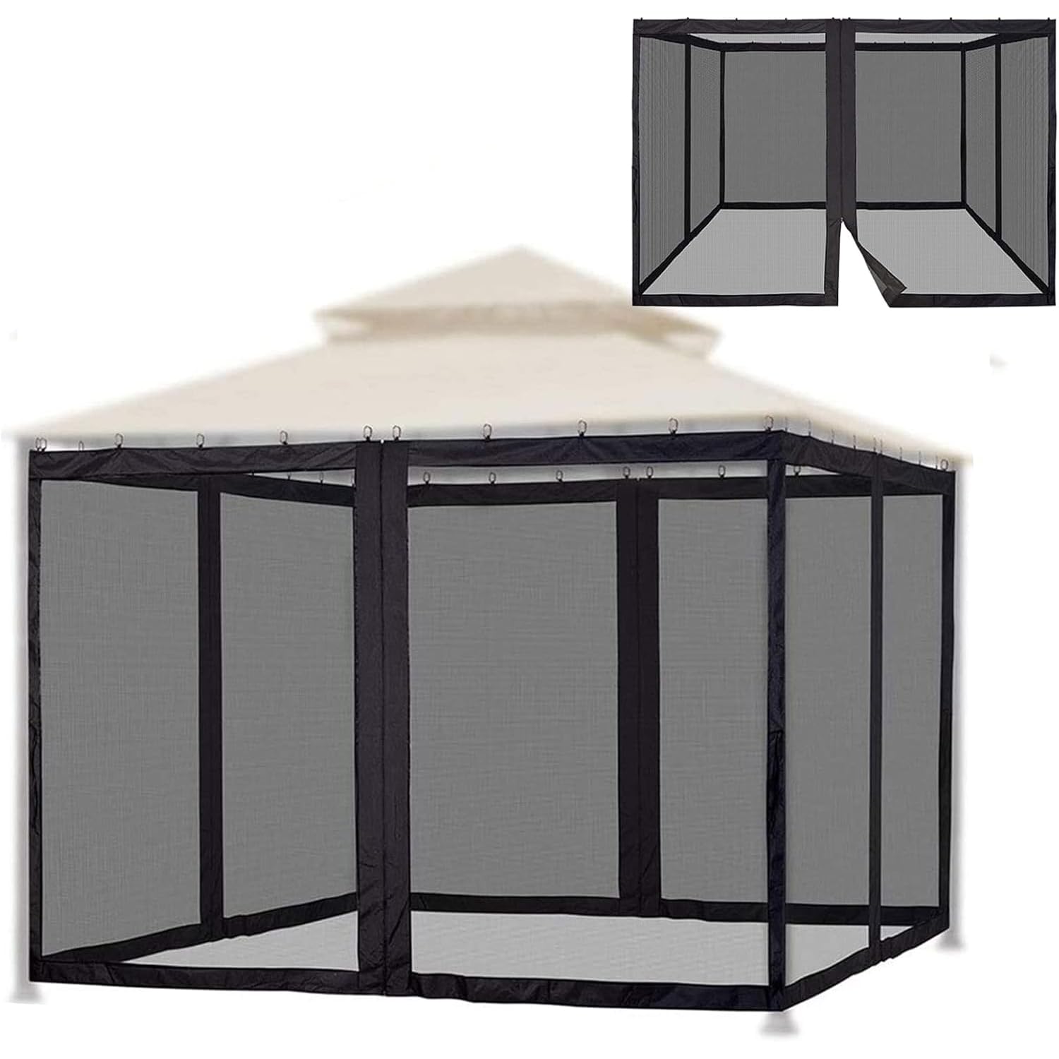 Zanzariera per Gazebo 3 x 3 m，Nero：300 x 360 x 220 cm | Rete Antizanzare per Ombrellone da Giardino Esterno, Tende Zanzariera di Ricambio Universale con Cerniere