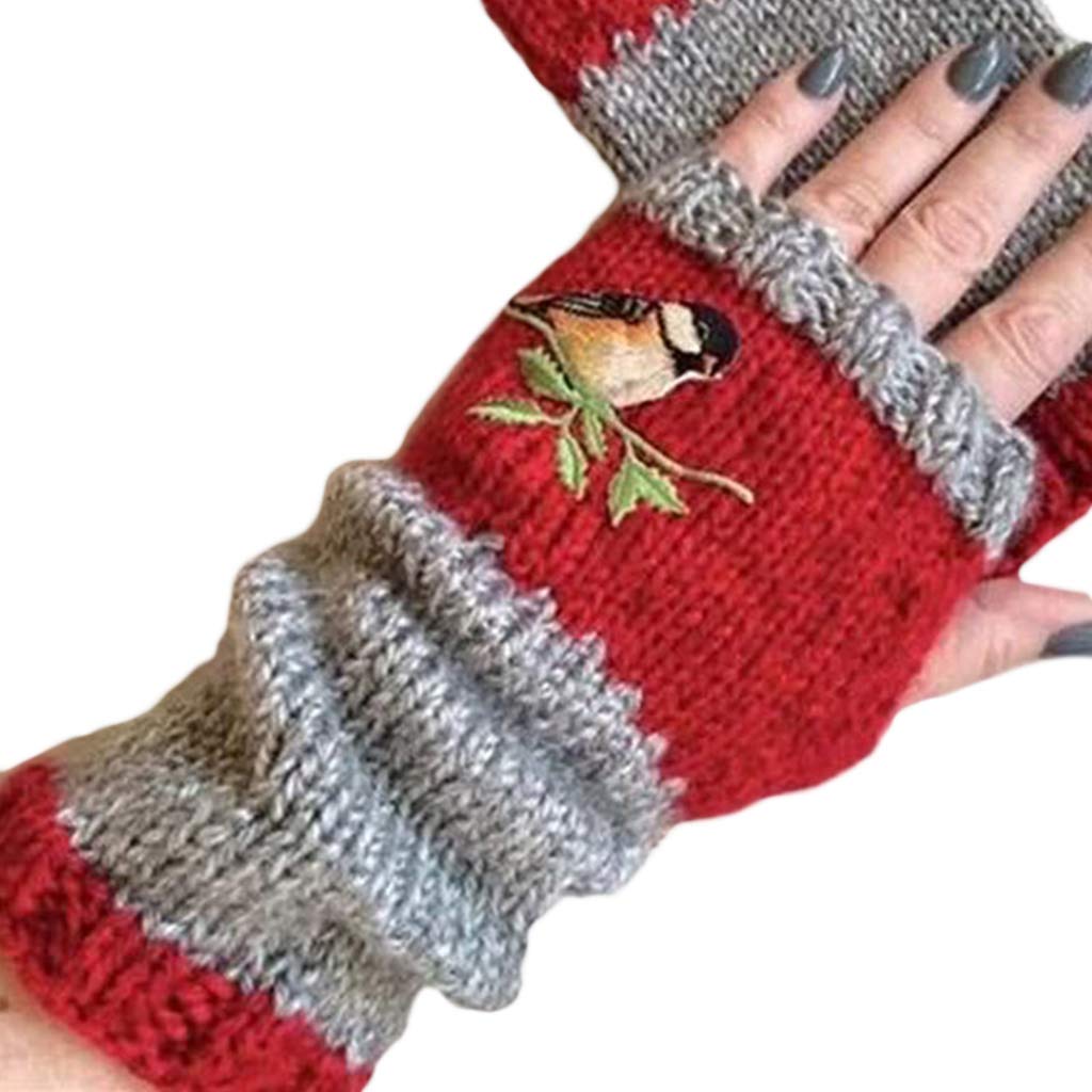 FANJABA Women Winter Knitted Fingerless Gloves Bird Embroidered Half Finger Mittens Outdoor Driving Thumb Hole Arm, Red, 24x8cm(9.45x3.15in)