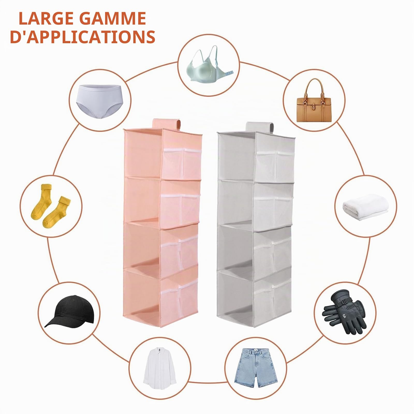 Lot de 2 étagères suspendues pour penderie, 4 Compartiments, avec 12 Poches latérales en Filet pour Armoire familiale, Chambre à Coucher, Pliables et Coupe Universelle (Gris et Rose)