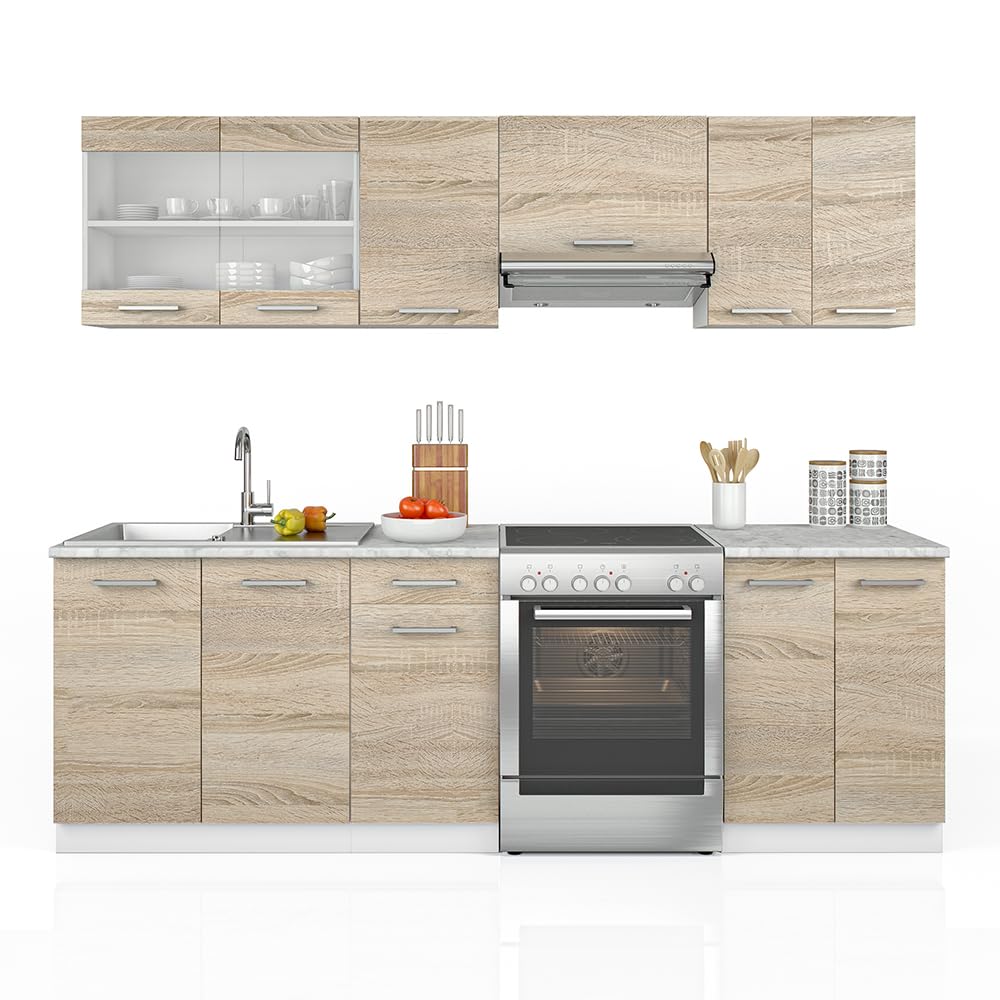 Vicco Mobile da cucina Raul, Sonoma/Bianco, 240 cm, PL Marmo, combinabile in modo flessibile con elementi modulari