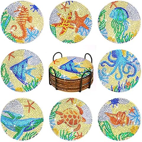 Praise V Do Diamond Painting Coasters Kit,8Pcs Beach Sea Ocean Diamond Painting Art Coasters with Holder Cork Base, DIY Diamond Art Coasters for Beginners, Adults Cover